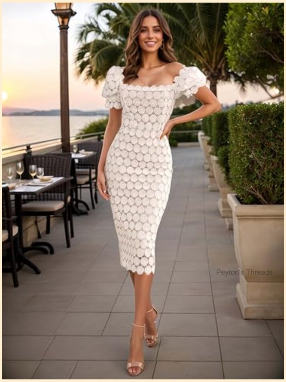 Romantic White Lace Midi Dress Bodycon Floral Sheer Wedding Guest Cocktail - Picture 4 of 7